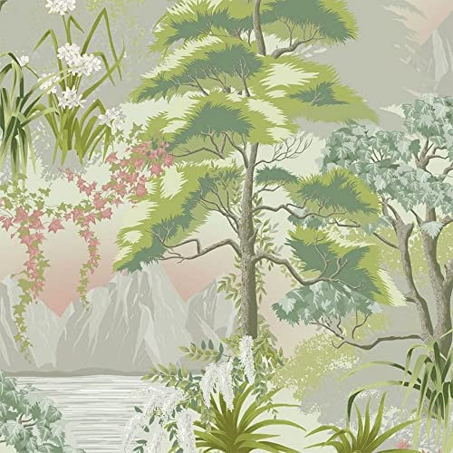 Belgravia Decor Panacea Forest Wallpaper Pastel - Green/Grey - Trees/Mountains/Floral - Belgravia 1156