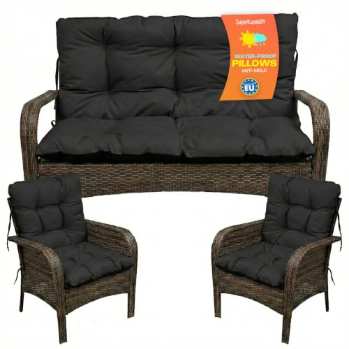 SuperKissen24. Sitzkissen Bankkissen Bankauflage - 180x50 cm und Rückenlehne 180x60 cm mit 2er 48x96 cm Stuhlkissen Set - Outdoor und Indoor - Schwarz