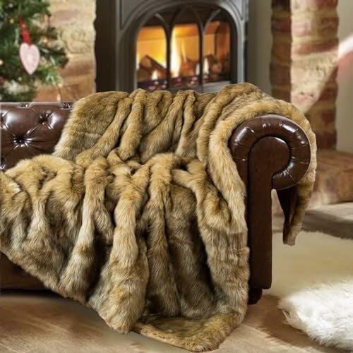 BATTILO HOME Faux Fur Throw Blanket Ochre 125x150cm Luxury Fuzzy Warm Cozy Fluffy Fur Blanket for Bed, Sofa, Couch Home Decor