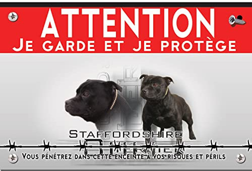 Panneau plastique Attention au chien staffie noir