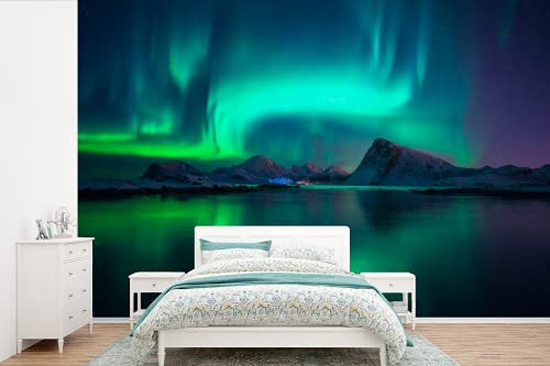 Selbstklebend Tapete Wandpapier Wandaufkleber Fototapete Tapeten Wanddeko 330x220 cm Nordlichter - Berge - Norwegen