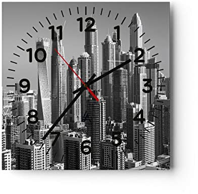 Modern Wanduhr Wolkenkratzer Fotografie Dubai 40x40cm Quadrat Groß Wand Uhr Glas Analog Zimmeruhren Küche Büro Wohnzimmer Glasuhr Wall Clock Dekoration Design Wanddekoration Küchenuhr C4AC40x40-4388