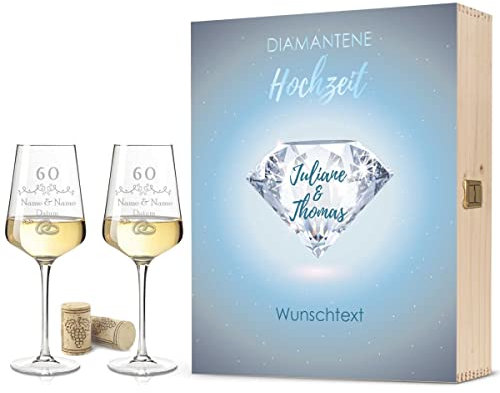 Leonardo Weingläser mit Gravur - Diamantene Hochzeit - Personalisiert mit Namen & Datum inkl. Holzkiste - Geschenk zur Hochzeit Verlobung Jahrestag Farbe Große Kiste UV