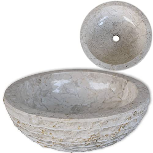 HOMIUSE Lavabo de Mármol Natural de 40 cm en Color Crema con Diseño en Espiral, Piedras de Río, Redondo