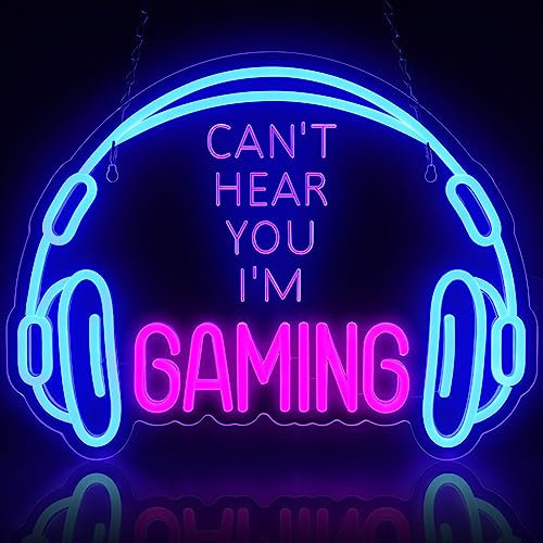 Gaming Neon Sign, Large Bright and Dimmable Colored LED Headset Gamer Neon Light and USB Powered Headphone Lightup Game Signs for Game Zone Video Room Boy Bedroom Wall Decor (Can't Hear You I'm