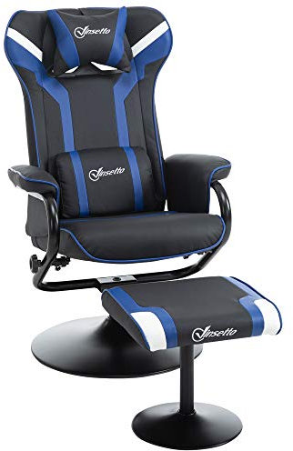 Vinsetto Set 2 Pezzi Poltrona Gaming Reclinabile con Sgabello Poggiapiedi, Inclinazione 130° e Supporto Lombare, Nero e Blu Scuro