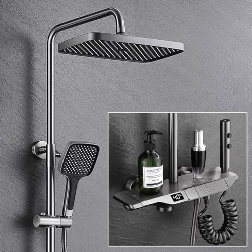 BEITH Thermostatic Shower Set, 31x20 cm Piano Key Shower System with LED Digital Display, 4-Function Square Shower Mixer Set, Bath Mixer, Booster Spray Gun, Height-adjustable Shower Head Set