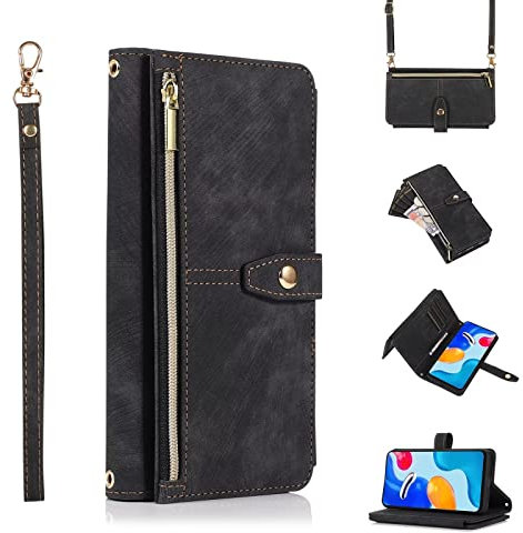 ESONG Handyhülle für Xiaomi Redmi Note 12 Pro 5G Tasche,hulle mit Kartenfach,Schultergurt,Handgelenkschlaufe,Stoßfest Handytasche Magnetic Klapphülle Case,Flip PU Leder Brieftasche Schutzhülle,Schwarz