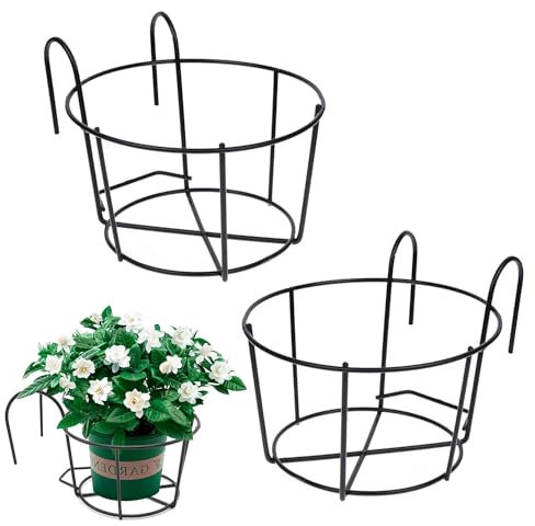 2 Piezas Estante Redondo Cestas Plantas, Soporte Maceta Colgante de Barandilla, Colgador de Macetas Balcon, Macetero Colgante, Soporte Flores Redondo Gancho, Adecuado para Balcón, Jardín, Valla