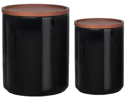 HASAYAKI Pots de conservation, lot de 2 boîtes empilables en céramique 800/1900 ml pour café, thé, sucre, farine de céréales et épices avec couvercles hermétiques en bambou, 1C1819CW_Noir