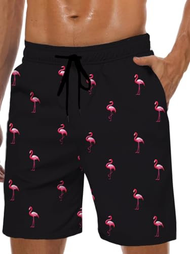 Lzzidou Short de bain pour homme avec doublure en maille à séchage rapide, Flamant rose noir, Large