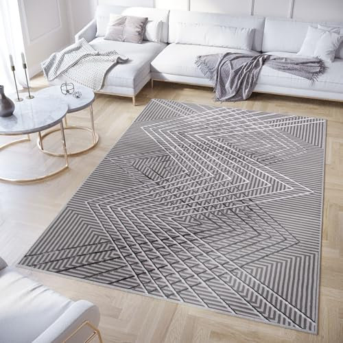 TAPISO Crystal Teppich Wohnzimmer Kurzflor Dunkelgrau Zigzag Streifen 3D Effekt Cut-Loop Glänzend Schlafzimmer Modern Design ÖKO-TEX 180 x 250 cm
