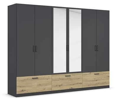 Rauch Möbel BARI, Schrank, Farbe Grau metallic/Eiche Artisan, Breite 271 cm | Kleiderschrank, 6-türig, Spiegel, 3 Schubladen, für Schlafzimmer, Kinderzimmer, Babyzimmer, Homeoffice, Garderobe, Flur