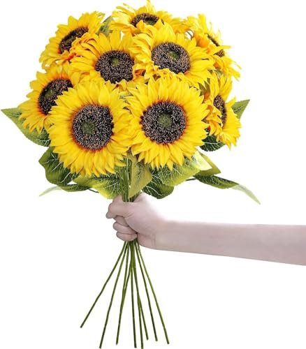 UXORSN 9 Stück Künstliche Sonnenblumen 50cm Kunstblumen Herbst Deko Einzelstiel Seide Sonnenblume wie Echte Kunstpflanze Gelb Blumen für Vase Blumensträuße Hochzeit Garten Balkon Tischdeko