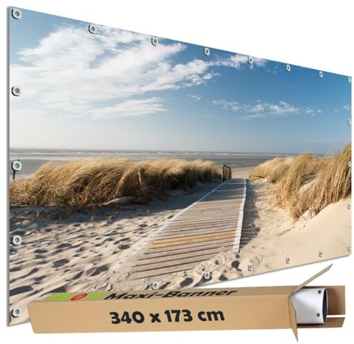 TRIOSK Sichtschutz Garten Dekoration Plane groß mit Motiv Strand Holzweg Dünen Langeoog Motivbanner Blickdicht für Terrasse Zaun Gartenzaun Gartenposter PVC Zaunblende 340x173 cm