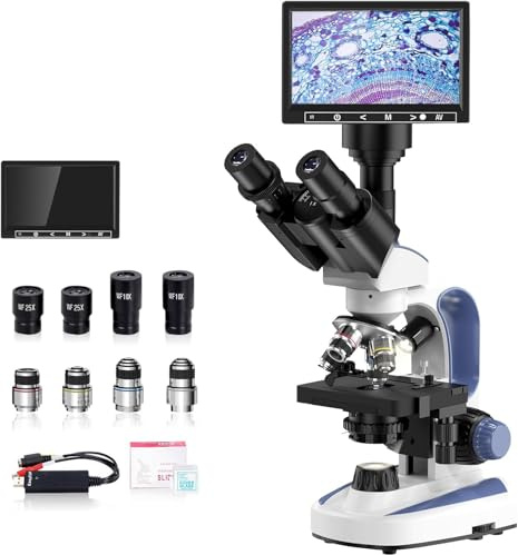 VITANO Microscope for Adults with 40X-2500X Magnification, Dual-View Lab Trinocular Compound Microscope with 7''Screen, Double Layer Mechanical Stage, Dual Illumination, Built in Camera (Blue)