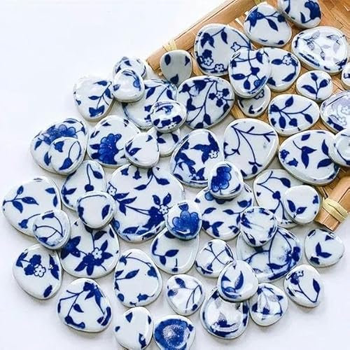 Unregelmäßige Keramikfliesen, gemischtes Porzellan, 5,5 mm, Marmor-Muster, DIY, Steinfragmente, Dekoration, oval, weiß und blau, 400 g, 400 g, 400 g