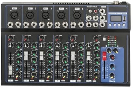 Audio Mixer Channel, 7 Channel DJ Mixer USB Studio Mixer 48V Phantom Power Sounds Mixer Bluetooth for Live, Recording, Live Streaming, Podcasting, Karaoke (7 Channel)