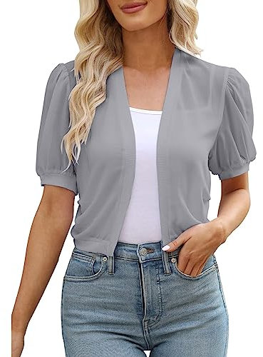 Kobilee Coprispalle Donna Estivo Curvy Chiffon Leggero Spolverino Giacca Estiva Corto Argento Elegante Cardigan Manica 3/4 Cerimonia Coprispalle Casual Cipria Bolero