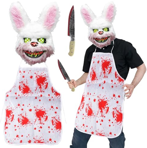 SANLIUSANJIU 3 Stück Halloween Maske Horror Kaninchen Set, Gruselige Hase Maske, Halloween Hasen Gruselkostüm mit Maske, Erwachsene & Teenager Eine Größe passt allen