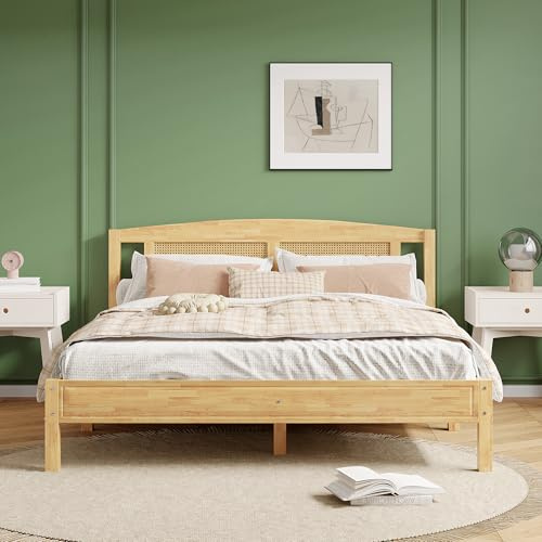 ANIROY Doppelbett, Rattanbett, Jugendbett, Erwachsenenbett mit 15 Latten und Mittelfüße, Rattannetzkissen, Kiefer + PE-Rattan, 160X200cm, Natur