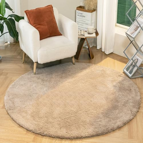 Latepis Teppich Rund 150 cm Beige Flauschig Weich Wohnzimmer Schlafzimmer Runder Kunstfell Teppich Hochflor Waschbar Kinderzimmer rutschfest