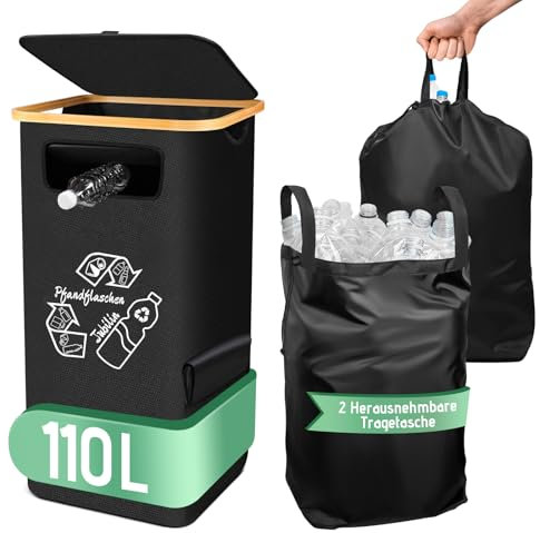 Jubilin Récipient de collecte de bouteilles consignées avec couvercle, rangement de bouteilles consignées [2 sacs de rangement amovibles], pliable, étanche, pour cuisine, 110 l, noir