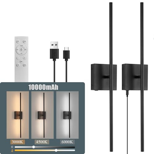 Battery Operated Wall Lights Indoor, USB-C Rechargeable Wall Light with Remote Control, Dimmable Wireless LED Black Wall Lamps with Switch,70CM Modern Wall Sconces (2 Pack)