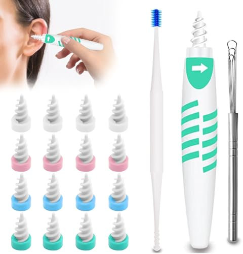 GWAWG Spiral Earwax Cleaner, Nettoyeur d'oreille Facile à Nettoyer avec 16 Têtes de Rechange en Silicone 360° pour Enfants et Adultes