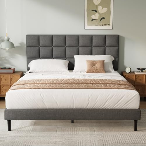 Yocreat Single Bed Frame, Easy Assembly, Sturdy Wooden Slat Support, Upholstered Platform with Headboard, No Box Spring Needed, Gray Single Bed 90×190