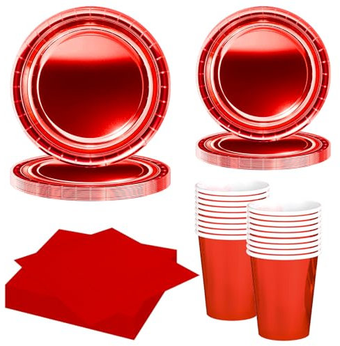 MORAINJAY Ensemble de Vaisselle de Fête Rouge 68 Pièces, Assiettes en Papier, Tasses, Serviettes, Vaisselle pour Anniversaire, Mariage, Baby Shower, Diplôme, Anniversaire, Fête de Vacances