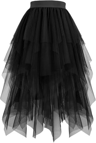 Hanpceirs Damen Tüll Röcke High Low Layered Puffy Fee Röcke A-Linie Midi Rock Unregelmäßiger Tutu Rock Schwarz XL