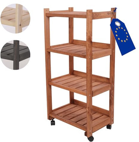 MODO24 Gemüseregal, 4-stöckiges Holzregal mit Rollen, Rustikal, Regal für Kisten, Obst und mehr, Abmessungen 102x48x34cm, Braun