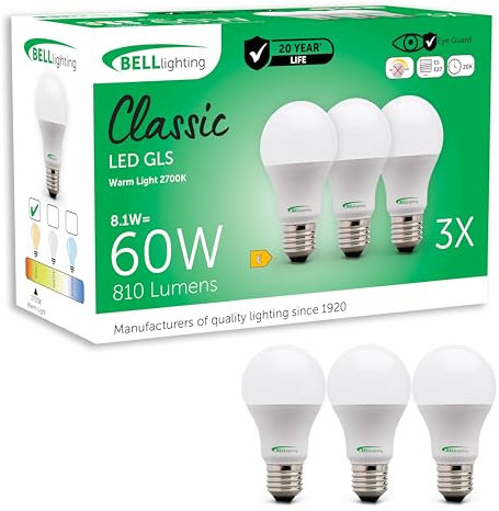 BELL Lighting E27 Edison Screw Cap Light Bulb LED GLS 3 Pack | Warm White 2700K | 810 Lumen 8.1 Watts | Energy Saving GLS Light Bulb | 60W Lamp Equivalent | Non-Dimmable