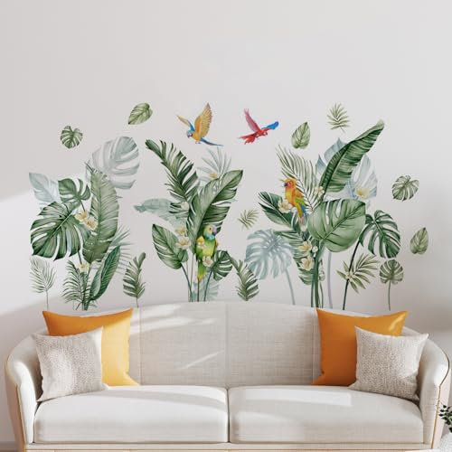 milaosk Wandtattoo Palmblatt Wandaufkleber mit Tropischen Blättern und Papageien Selbstklebend Wandsticker Pflanzen Wandbilder dekorative Hintergrundwände im Wohnzimmer und Schlafzimmer