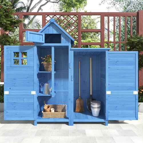 Merax Abri de jardin en bois résistant aux intempéries - 118 x 54 x 173 cm - Avec 2 portes, 2 étagères - Armoire à outils à droite - Toit en PVC - Bleu