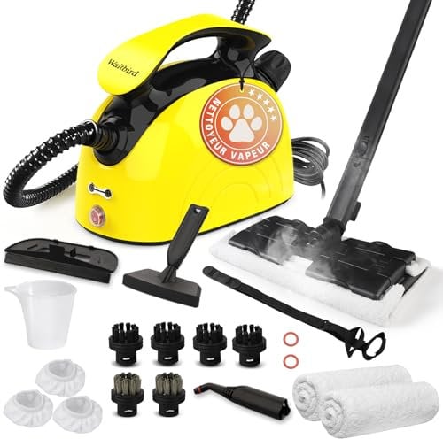 Waitbird Dampfreiniger mit 21 Zubehörteilen 248°F Hochtemperatur-Dampf Großer 1.1L Wassertank, Mehrzweck, Ideal für die Reinigung von Böden, Sofas, Glasen,Küche, Toilette Besenstiele