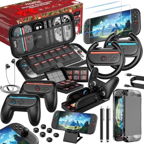 HEYSTOP Switch 2 Carry Case for Nintendo Switch 2 Accessories Bundle 25 in 1 with TPU Grip Cover for Switch 2 Tempered Film for Nintendo Switch 2 Grip, Steering Wheels, Charging Dock, etc