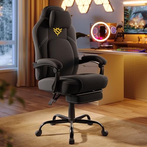 SONGMICS HOME Sedia da Gaming, Sedia Ergonomica per Computer con Poggiapiedi, Poltrona con Poggiatesta, Cotone-lino, Altezza Regolabile, Nero Inchiostro OBG072BH03