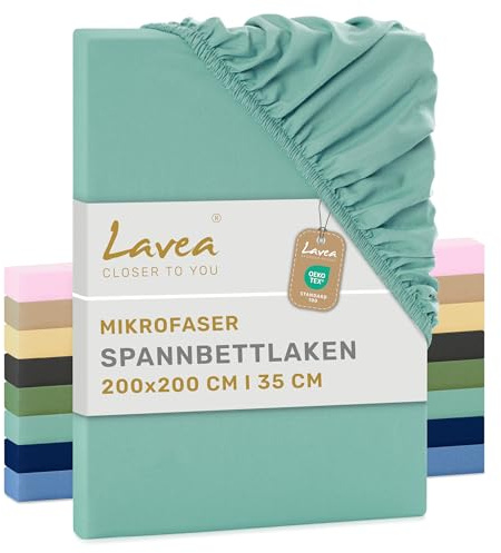 Lavea® 1er Set Spannbettlaken 200x200 cm - Eukalyptus | Mikrofaser, Bettlaken mit Rundumgummi, für Matratzen bis 20 cm, atmungsaktiv und kühlend, pflegeleicht, Spannbetttücher
