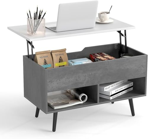 GOPLUS Couchtisch höhenverstellbar, Kaffeetisch mit anhebbarer Tischplatte, Sofatisch mit Stauraum & offenen Fächern, Wohnzimmertisch Holz, Stubentisch für Büro Wohnzimmer, 80 x 40 x 46-60 cm, Grau