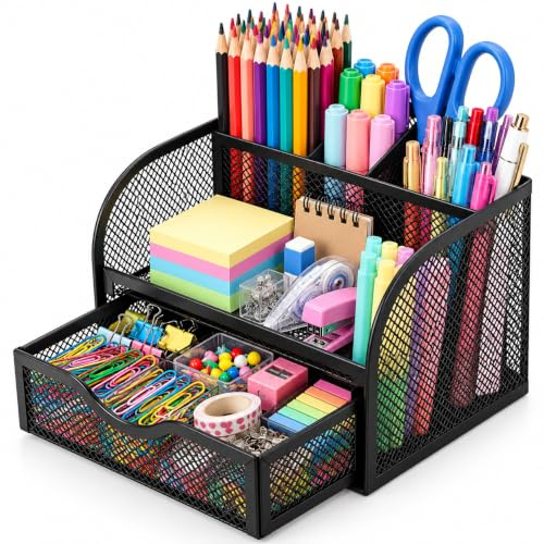 FORKLS Schreibtischorganizer – Metallgitter Stiftehalter mit 4 Fächern & Ausziehbarer Schublade, Kompakte Büroorganisation für Büro, Zuhause & Schule
