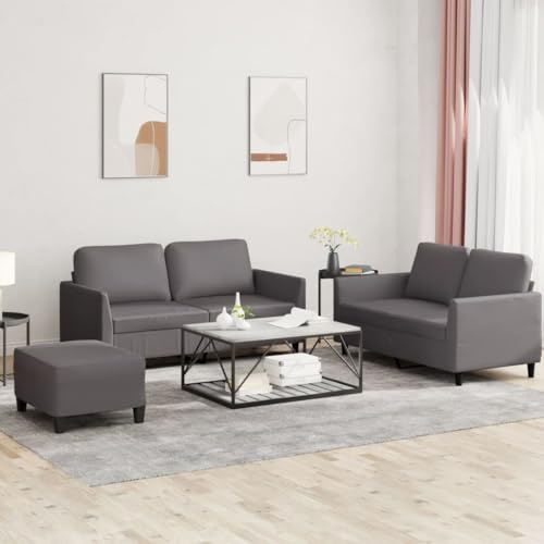 QJBSAVVA 3-teilige Sofa Garnitur 140 x 77 x 80 cm Grau Kunstleder Modernes Zweisitzer Set mit Hocker & Kissen Robustes Gestell für Living Room, Schlafzimmer & Büro