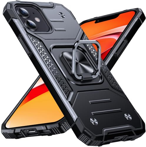 Anqrp Heavy Duty Case for iPhone 12 Mini Case with Enhanced Ring Holder Grip Stand, Military Grade Shockproof Rugged Drop Protective Silicone Hard iPhone 12 Mini Phone Case Cover, Black