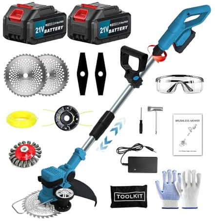 Rasentrimmer mit Akku und Ladegerät, 21V Rasentrimmer und kantenschneider für Makita, mit 2X3.0Ah Akku & unkrautbürste, 4 Klingentypen, Bürstenloser Motor-Blue
