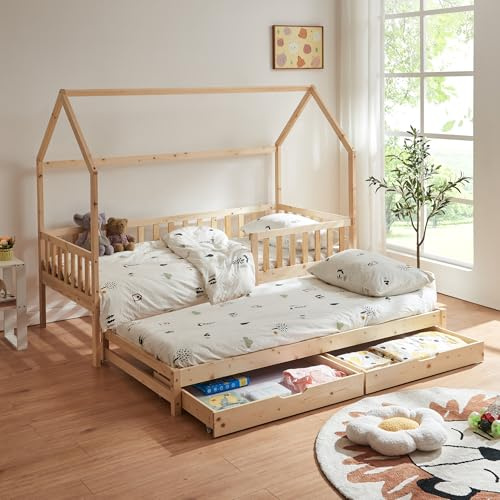 [en.casa] Kinderbett mit Ausziehbett Aarghonmaa Hausbett 90 x 200 cm Holzbett für Kinder Bettgestell inkl. Lattenrost Rausfallschutz und 2 Schubladen Kiefernholz Natur