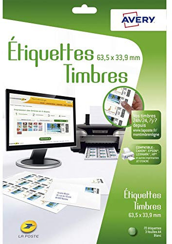Avery Etiketten für Briefmarken, 63,5 x 33,9 mm, Weiß, 10 Stück
