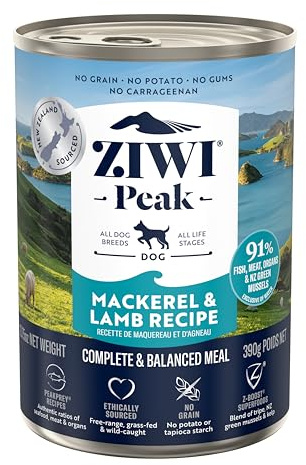 ZIWI Peak Wet Dog Food Tins - Complete Grain Free Dog Food Pate Puppy/Adult/Senior Dog Food Wet - New Zealand Mackerel & Lamb Recipe - 12x 390g Multipack
