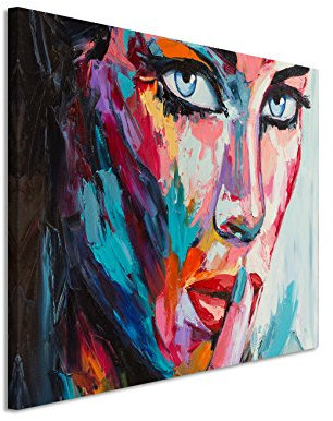Paul Sinus Art Fotoleinwand 90x60cm Buntes modernes Ölgemälde – Frau mit blauen Augen auf Leinwand exklusives Wandbild moderne Fotografie für ihre Wand in vielen Größen