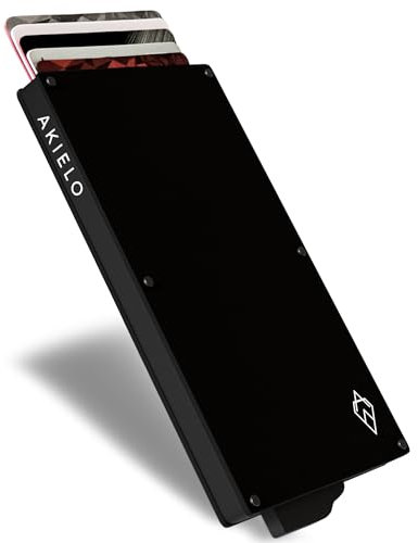AKIELO RFID Card Holder Wallet with Gift Box – Slim Minimalist Metal Wallet for Men – Contactless Credit Card Protector & Blocker – RFID Blocking Pop Up Card Wallet (Alpha - Black Edition)